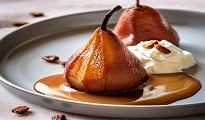 Poire au four, chantilly de petit suisse et sauce caramel à la fève de tonka