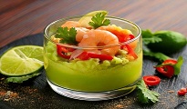 Mousse d'avocat à la téquila, Céviche de gambas au citron vert